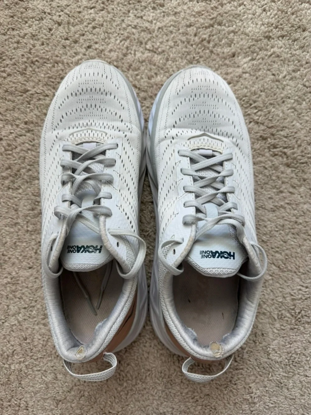 Hoka One One Arahi 4 Mens 8.5 Womens 9.5 Cushion Running Shoes Off White Tan